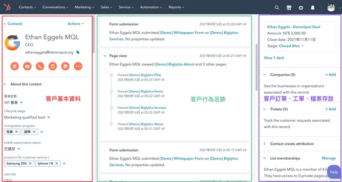CRM 系統，HubSpot CRM 介面